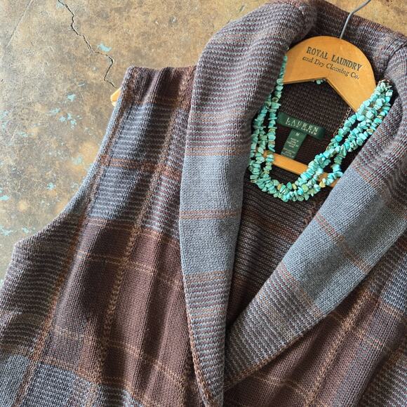 Lauren Ralph Lauren Plaid Vest Size M Brown Buckle Old Money Knit Sweater Shawl - Picture 4 of 9